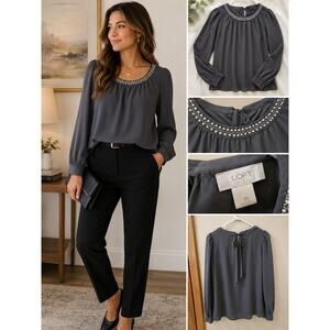 LOFT Gray Embellished Neck Long Sleeve Blouse XS Pearl Beaded Tie Back